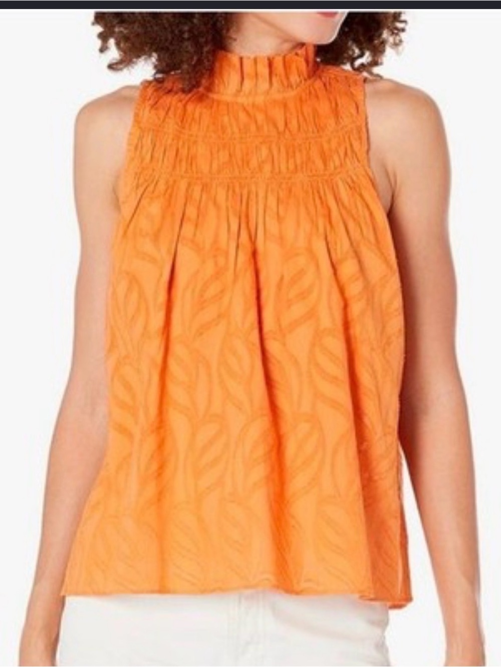 Joie Orange Smocked High-Neck Sleeveless Shirt